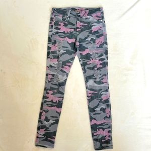 TRUE RELIGION - Halle Pink Camo Distressed Mid Rise Super Skinny Jeans